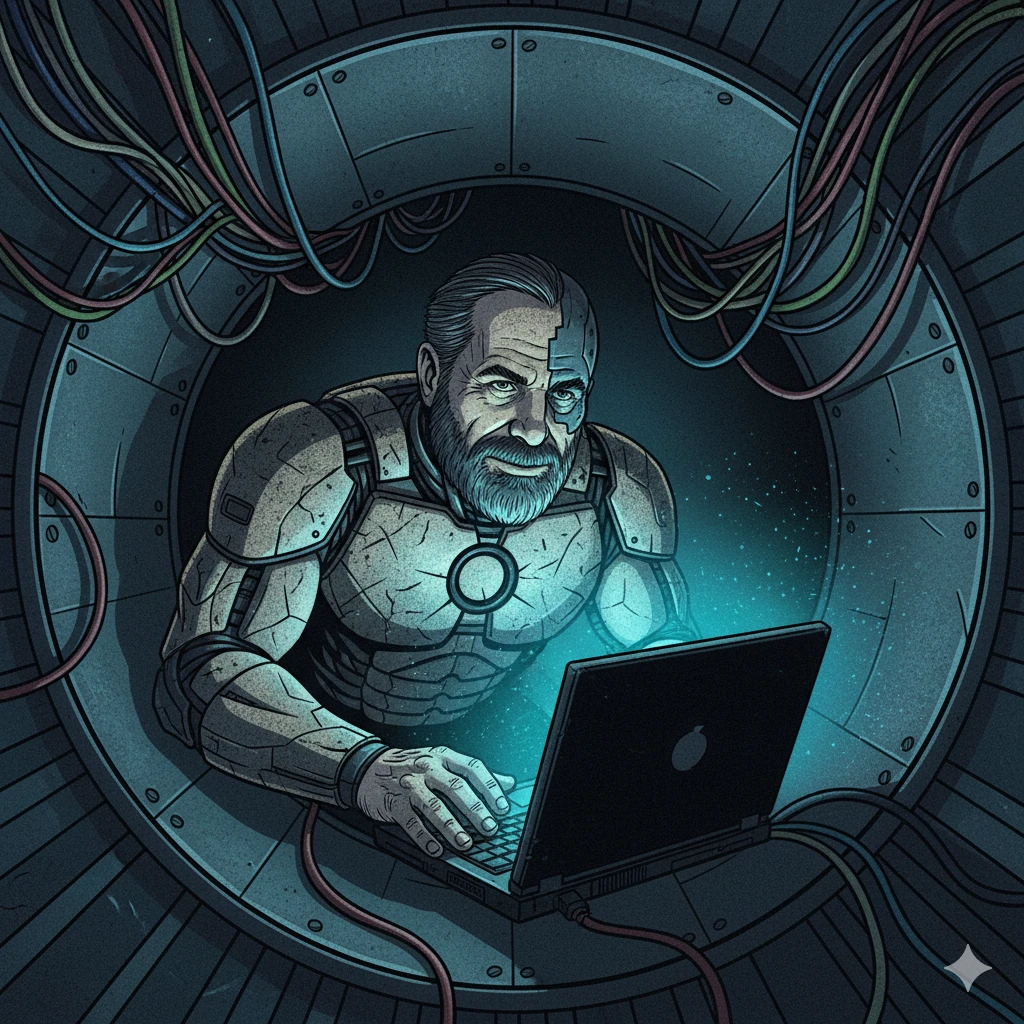 Illustration of the Seasoned Cyborgs founder at a laptop, wired into a cyborg workstation